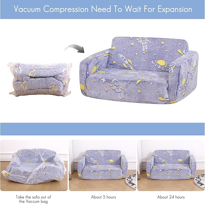 Foldable Kids Sofa,Soft Kids Fold Out Couch Glow in The Dark,Convertible Sofa to Lounger Toddler Sofa Chair(Space-NeatNest
