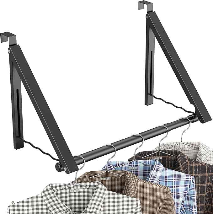Over The Door Drying Racks for Laundry, Expandable Foldaway Clothes Rail, Suitable for Doors in Bedrooms, Dorms, and Bathrooms, 2 Racks and a Rod, Black