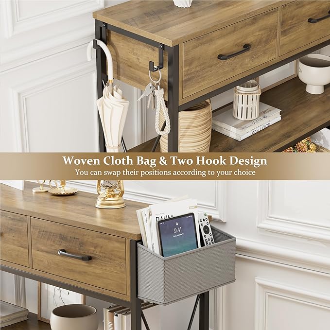 HITHOS 47.2" Console Table with 3 Drawers, Industrial Long Entryway Foyer Table with 3-Tier Storage Shelves, Narrow Sofa Hallway Table for Living Room, Entry Way, Kitchen, Rustic Brown-NeatNest
