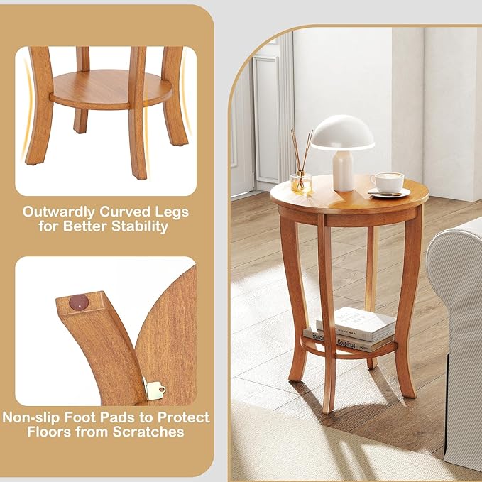 Giantex Round End Table, Retro Nightstand with Storage Shelf & Solid Wood Legs, 24.5" Accent Side Table for Small Spaces, Wood Bedside Night Stand for Living Room Bedroom, Light Brown