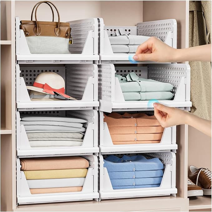 4 Pack Stackable Closet Storage Basket - Stackable Storage Bins, Multifunctional & Foldable Closet Organizer, Wardrobe Cupboard Space-Saving Clothes Storage Hat Organizer, White-NeatNest