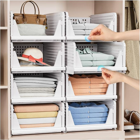 4 Pack Stackable Closet Storage Basket - Stackable Storage Bins, Multifunctional & Foldable Closet Organizer, Wardrobe Cupboard Space-Saving Clothes Storage Hat Organizer, White-NeatNest