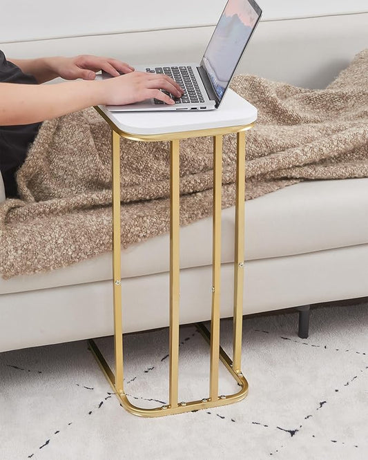 C Shaped End Table, 27 inches High Side Table for Couch Sofa Bed, Small Tv Tray, for Living Room, Bedroom, Metal Frame, Gold & White-NeatNest