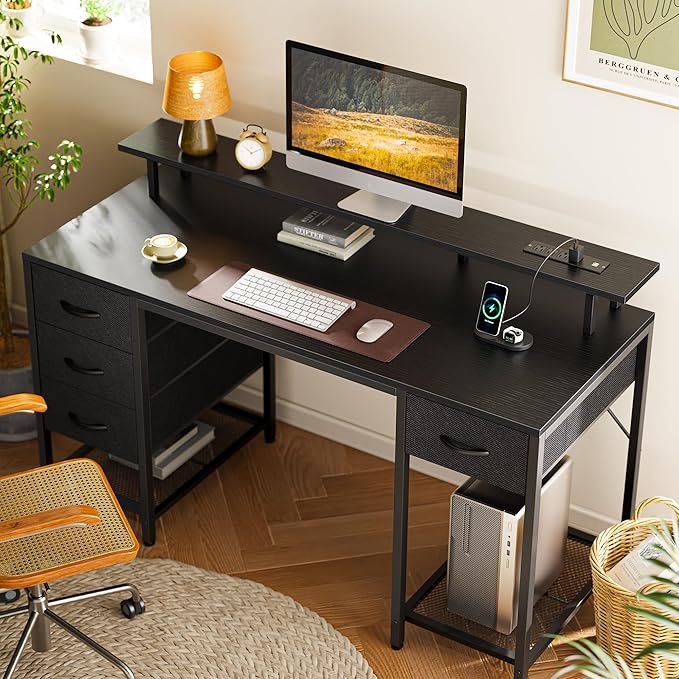 Huuger 55 inch Computer Desk with 4 Drawers, Gaming Desk with LED Lights & Power Outlets, Home Office Desk with Large Storage Space for Bedroom, Work from Home, Black-NeatNest