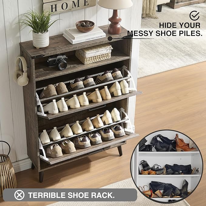 Shoe Storage Cabinet,Farmhouse Shoes Organizer with 2 Flip Drawers & Barn Door Design,Freestanding Hidden Slim Narrow Shoe Rack Cabinet with Open Shelves for Entryway,Hallway,Rustic Brown-NeatNest