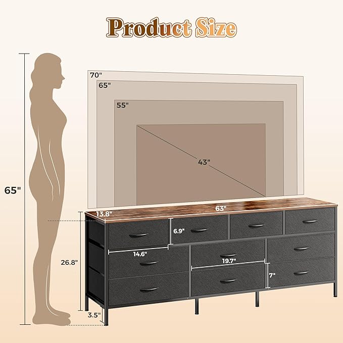 Huuger 63 Inch Dresser for Bedroom, Long Dresser with 10 Fabric Drawers, TV Stand for 55, 65, 70 Inch TV, Toy Storage Organizer for Closet, Rustic Brown and Black-NeatNest