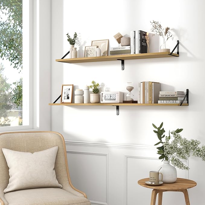 Fun Memories Deep Floating Shelves for Wall, 55W x 8D Wall Mounted Shelves Set of 2, Wide Display Ledge Shelf with Sturdy Metal Brackets for Living Room, Bathroom, Bedroom and Kitchen, Oak-NeatNest