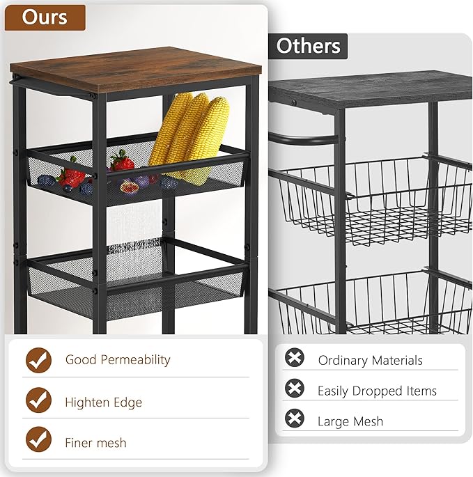 Hoctieon Rolling Storage Cart, 4-Tier Wide Panel Kitchen Storage Cart, Utility Carts with Handle & Wheels, Mobile Shelving Unit, Metal Frame Narrow Carts for Home Kitchen, Laundry, Rustic Brown