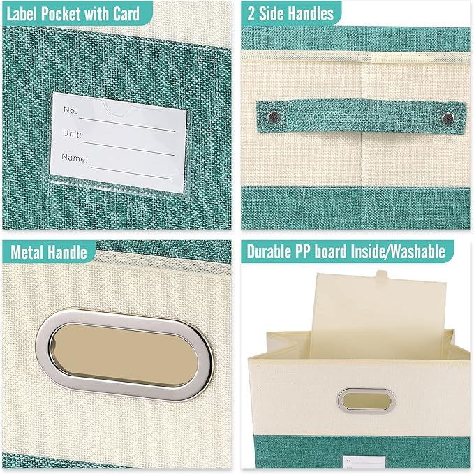 Large Linen Fabric Foldable Storage Bins with Removable Lid and Handles, Washable Storage Box Organizer Containers Baskets Cube with Cover for Bedroom,Closet,Office (Turquoise&Cream, Medium)-NeatNest