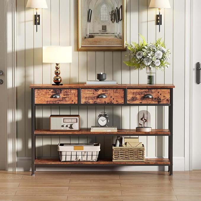 Furologee Long 47" Console Sofa Table with 3 Drawers, Entryway Table with 3-Tier Storage Shelves, Industrial Display Shelf for Entry Way, Hallway, Couch, Living Room, Kitchen, Foyer, Rustic Brown-NeatNest