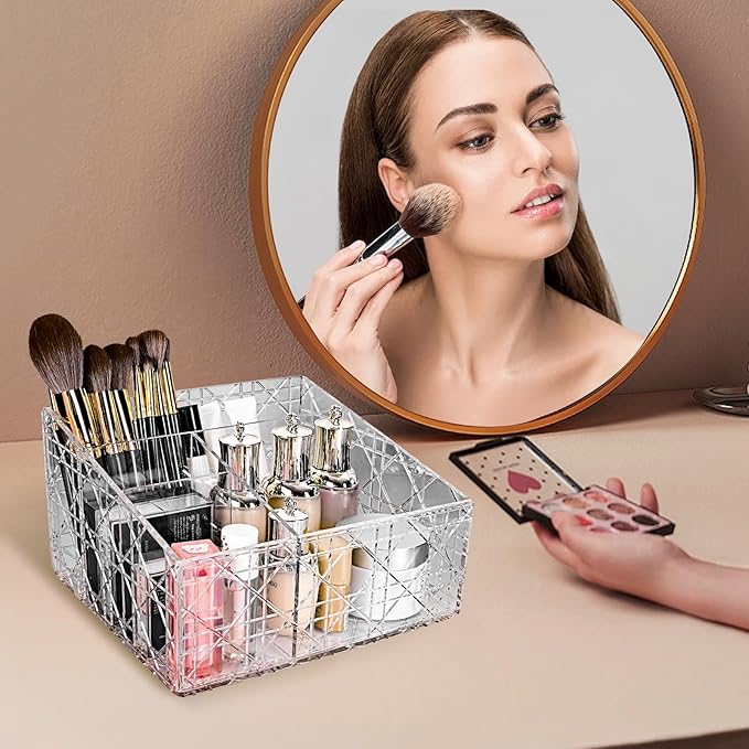 Acrylic Makeup Organizer, Clear Cosmetic Brush Storage Box With 4 Brush Holders,Large-capacity Split Design Can Quickly Organize the Desktop Skincare, Hair Tools, Brushes,Perfume-NeatNest
