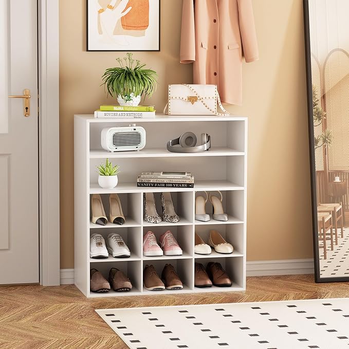 Garden 4 you Shoe Rack Organizer, 5-Tier Wood Cubby Shoe Rack with 2 Storage Shelf and 9 Cubbies, Shoe Organizer Cabinet for Entryway, Hallway, Closet and Garage, White-NeatNest
