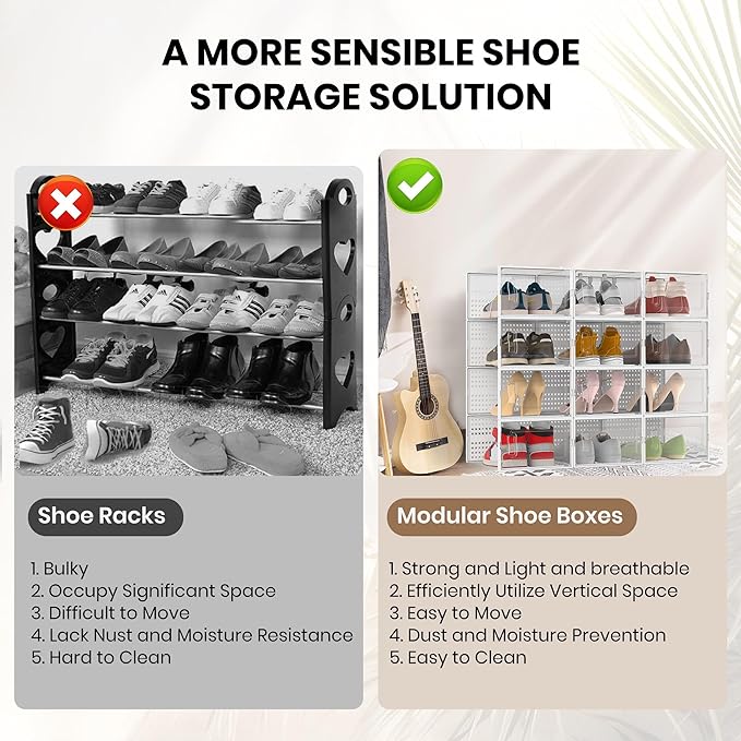 12 Pack XXX-Large Modular Clear Plastic Stackable Shoe Storage Organizer for Closet, Space Saving Versatile Sneaker Shoe Rack Containers Bins Holders, Portable Closet Organizers and Storage, White-NeatNest
