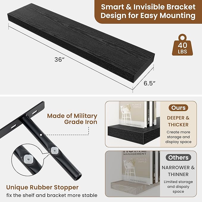 fuqing Floating Shelves for Wall, Bathroom Shelf Wall Mounted for Storage, Shelves with Invisible Bracket for Bedroom, Kitchen, Living Room, Farmhouse Small Book Shelf, 36 Inch Set of 2, Black-NeatNest