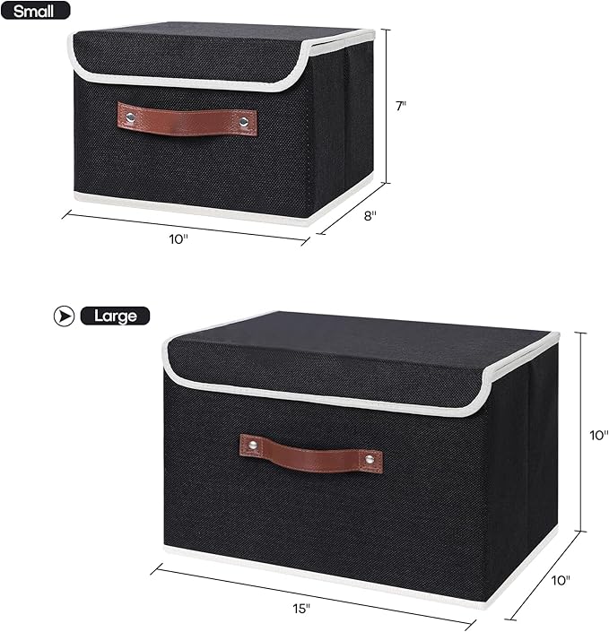 ANMINY Storage Bin with Lid Storage Boxes with PU Leather Handles PP Plastic Board Decorative Foldable Lidded Cotton Linen Fabric Home Cubes Baskets Closet Organizer Container - Black, Large Size-NeatNest