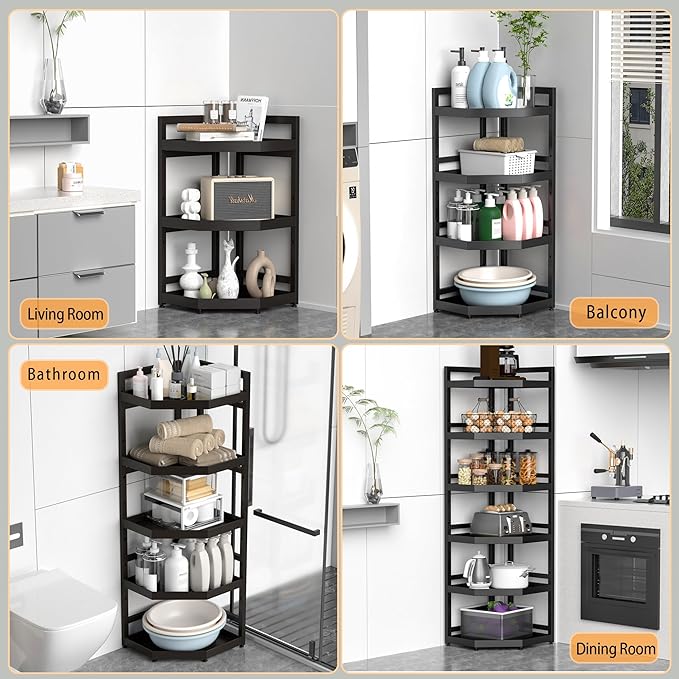 4 Tier Standing Corner Shower Caddy,Waterproof and Rust Proof,Adjustable Height,Multi-functional Tiered Storage for Shower Gel,Shampoo,Cosmetics,Kitchen Supplies,Black