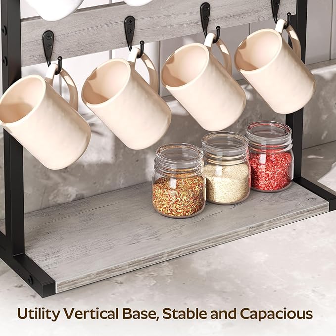 Coffee Mug Holder for Counter, 2 Tier Mug Tree Rack, with 8 Hook and 2 Open Shelves, Vintage Mug Holder Stand for Home Kitchen, Greige MH43BG-NeatNest