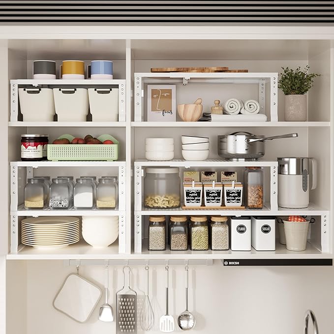 Expandable Spice Rack & Kitchen Cabinet Organizer - Stackable, Adjustable Shelves for Cabinets, Countertops, Cupboards & Pantries(3 Packs/Large/White)-NeatNest