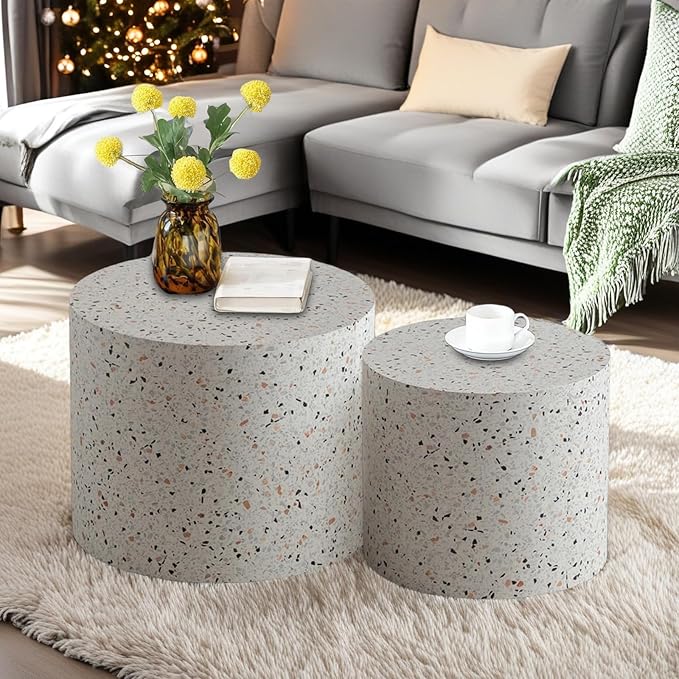 Modern Round Wooden Nesting Circle Coffee Table Set of 2 with Non-Slip Feet, Accent Side End Table, Saving Space Design and No Need Assembly,A