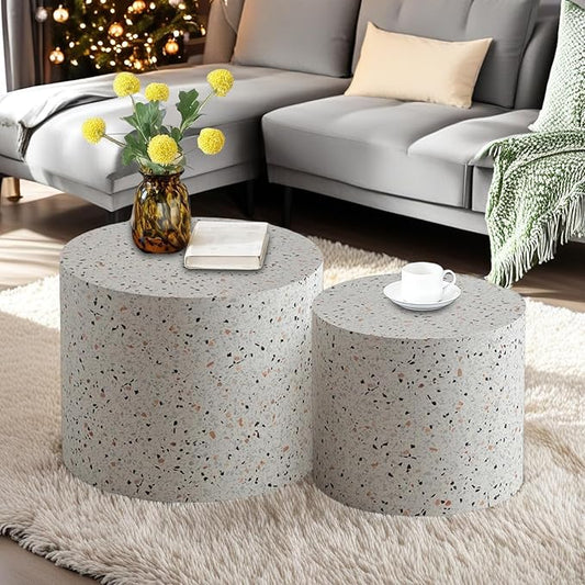 Modern Round Wooden Nesting Circle Coffee Table Set of 2 with Non-Slip Feet, Accent Side End Table, Saving Space Design and No Need Assembly,A