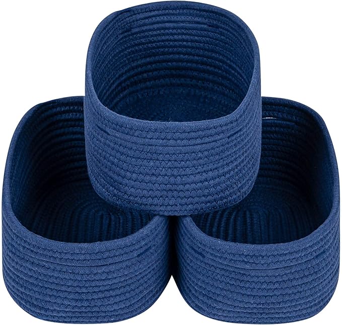 CubesLand Small Storage Baskets for Shelves, Navy Blue Closet Organization Storage Bins Empty Gift Basket 3 Packs Baby Nursery Woven Baskets for Organizing, Rectangular Clothes Closet Shelves Baskets-NeatNest