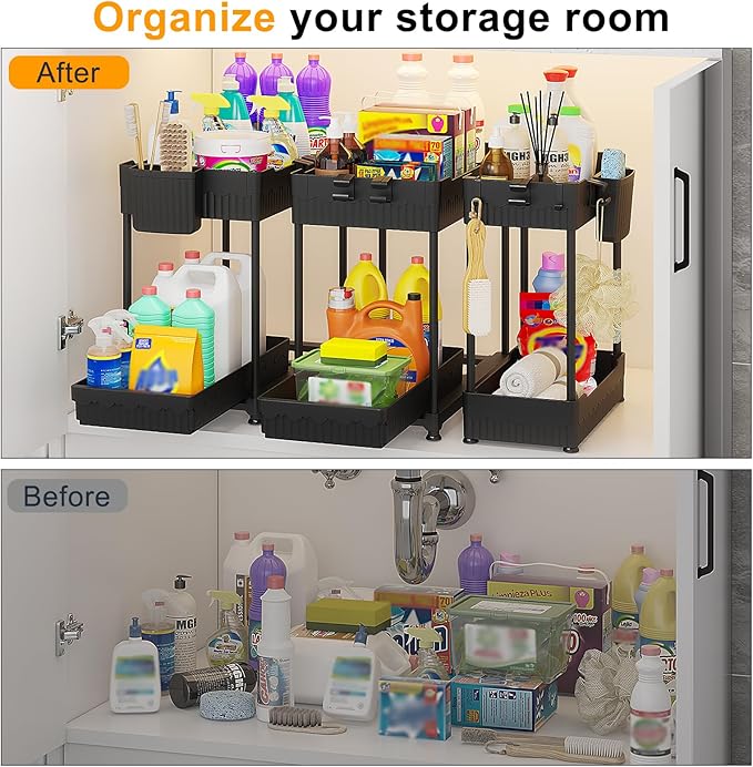3 Pack Under Sink Organizers, 2-Tier Multi-Use Kitchen and Bathroom Organizers and Storage with Sliding Drawers，Bathroom Cabinet Organizer (Black, 14.8 Inch)-NeatNest