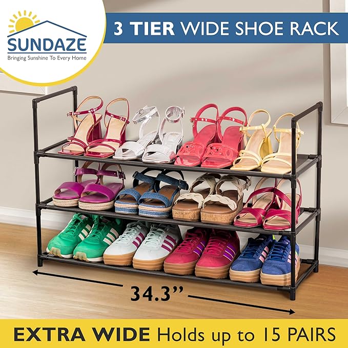 Sundaze Shoe Rack - 3 Tier Shoe Rack for Front Door Entrance, Sturdy Long Shoe Organizer for Closet, Bedroom, Entryway, Garage, Non Woven Fabric Shelf, Black, Holds Up to 15 Pairs-NeatNest