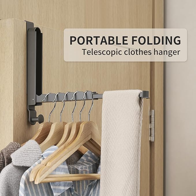 Over The Door Hooks Hanger Fit Door up to 1 3/4" Optimal 2pc,Over The Door Hanger with Retractable Rod,Foldable Over The Door Drying Rack for Laundry Bathroom Bedroom (Space Grey, 2 Pack)