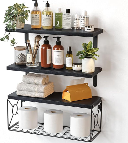 Amada Bathroom Shelves Over Toilet with Storage Basket, Floating Wall Shelves for Home Organization & Wall Decor, Bathroom/Kitchen/Living Room ShelvesBlack-NeatNest