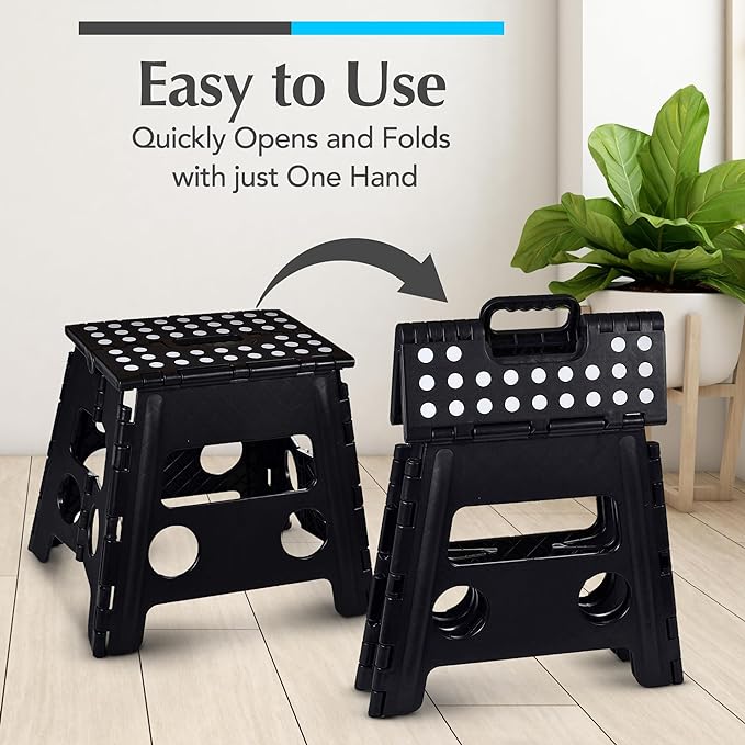 Handy Laundry Folding Lightweight Step Stool - Sturdy Enough to Support Adults and Safe Enough for Kids - Opens Easy with One Flip - Great for Kitchen, Bathroom or Bedroom (Black- 13 inch)