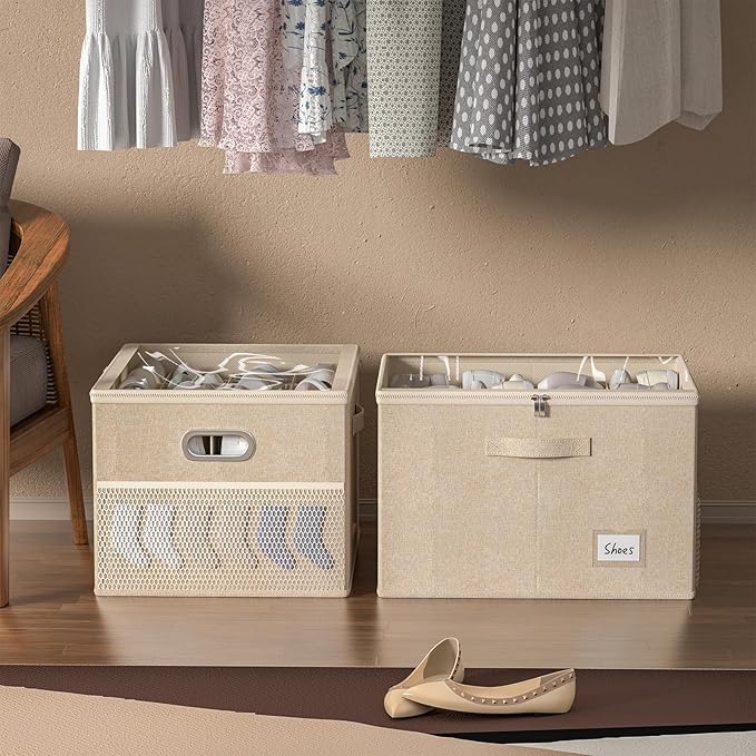 2 Pack Shoe Organizer for Closet Large Shoe Box Storage Containers with Clear Window Space Saving Shoe Bin with Foldable Bottom Support Adjustable Dividers Fits 32 Pairs (Beige, (19.7x15.7x13inch)x2)-NeatNest