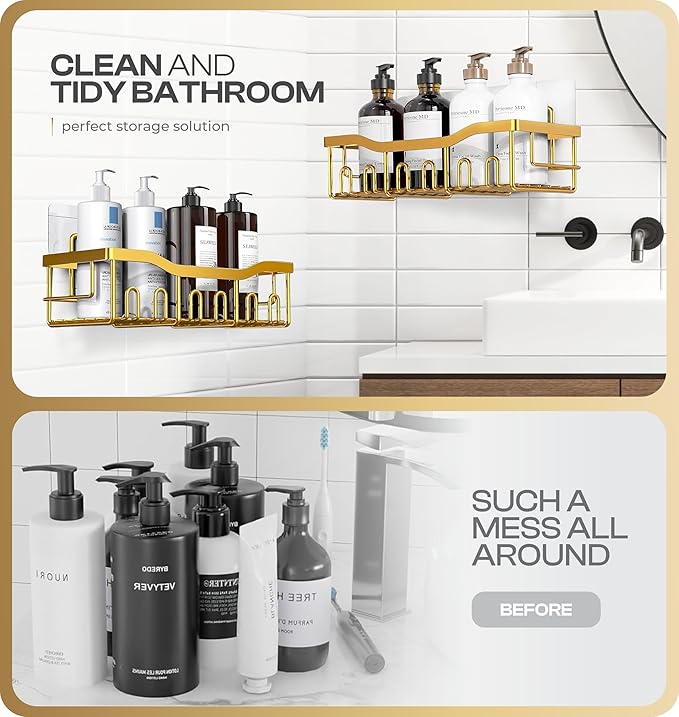 Luxury Style 5 Pack Stainless Steel Adhesive Shower Caddy Set - Rustproof Bathroom Organizer with Large Capacity Storage| No Drilling Shelves Shower Caddy Organizer | Bathroom Decor (Luxury Gold)