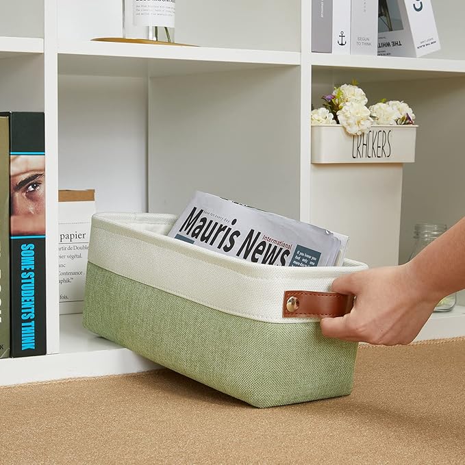 DULLEMELO Narrow Storage Basket for Bathroom, Toilet Paper Holder, Canvas Storage Basket for Organizing (White & Green)-NeatNest