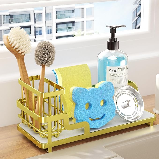 Consumest Sponge Holder for Kitchen Sink - Sink Caddy Organizer with Water Absorbing Stone Tray, Detachable Brush Holder, Stainless Steel Kitchen Counter Organizer Rack, Gold-NeatNest