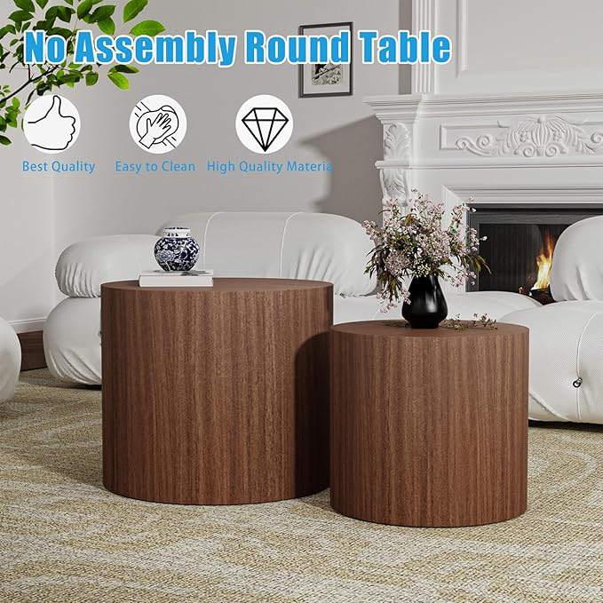 Nesting Coffee Table Set of 2, Modern Round Coffee Table with Non-Slip Feet, Wooden Circle Accent Tables for Small Spaces Living Room Bedroom Balcony Office Drum Side Table (C Walnut)