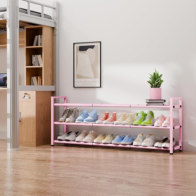 Bumusty 3-Tier Long Expandable Shoe Rack for Closet, 18"-44" Adjustable Shoe Rack for Entryway, 15-18 Pairs Large Shoe Organizer Shelf Storage, Sturdy Metal, Pink-NeatNest