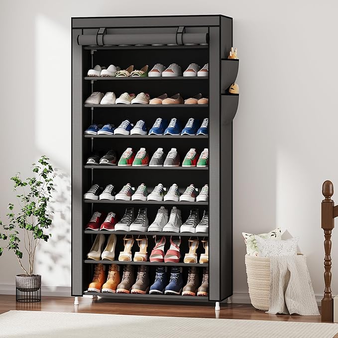 Laiensia 9-Tier Vertical Shoe Rack Organizer, Space Saving Shoe Storage Organizer, Non-Woven Cover Shoe Shelf Holds 36-45Pairs for Bedroom, Hallway, Closet Entryway, Grey-NeatNest