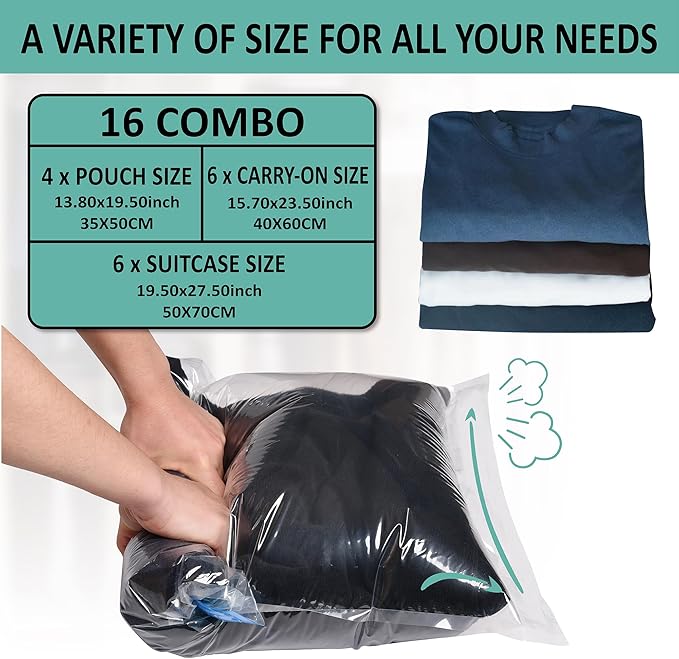 Compression Bags for Travel - Travel Essentials - 16 Pack Space Saver Bags - No Vacuum Needed - Compression Packing Bags for Cruise Accessories-NeatNest
