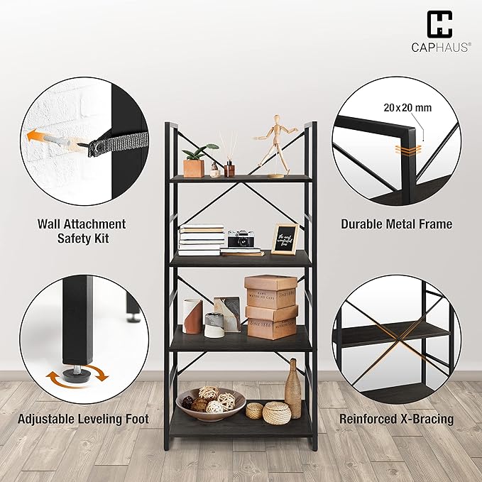 CAPHAUS 4 Tier Bookshelf, 24 Inch Width Free Standing Shelf, Bookcase Shelf Storage Organizer, Industrial Book Shelves for Home Office, Living Room, Kitchen, Black Vintage Shelves & Metal Frame-NeatNest