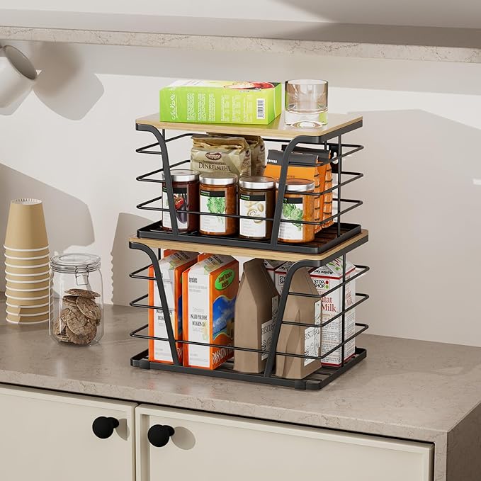 2 Pack Extra Large Stackable Pantry Storage Organizers, Laundry Room Organization, Wall Mount Trash Bag Holder for 13-33 Gallon Bags with Bamboo Top & Garbage Bag Dispenser, Black
