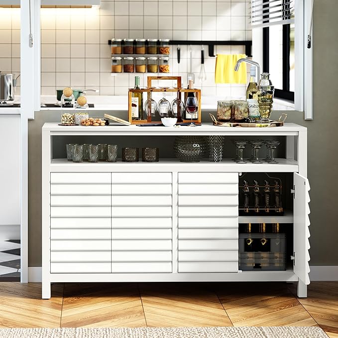HLR Bathroom Floor Storage Cabinet, Farmhouse Sideboard with Decorative Louvered Doors, Bathroom Storage Unit with 4 Doors & Shelves, Freestanding Credenza for Dining Room, Living Room, Hallway, White-NeatNest