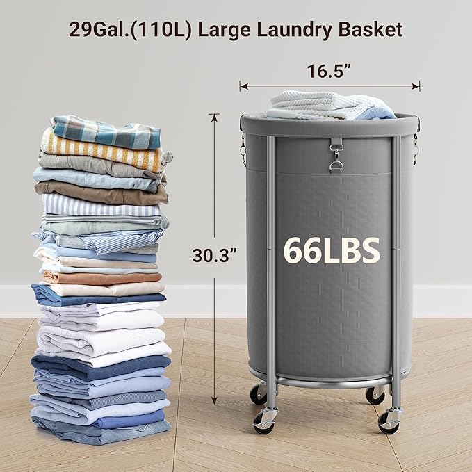 ELYKEN Laundry Hamper with Wheels, 110L Rolling Laundry Basket, Round Laundry Cart with Steel Frame and Removable Bag, 4 Casters and 2 Brakes, Dirty Clothes Hamper for Hotel, Home, Closet, Dorm, Gray
