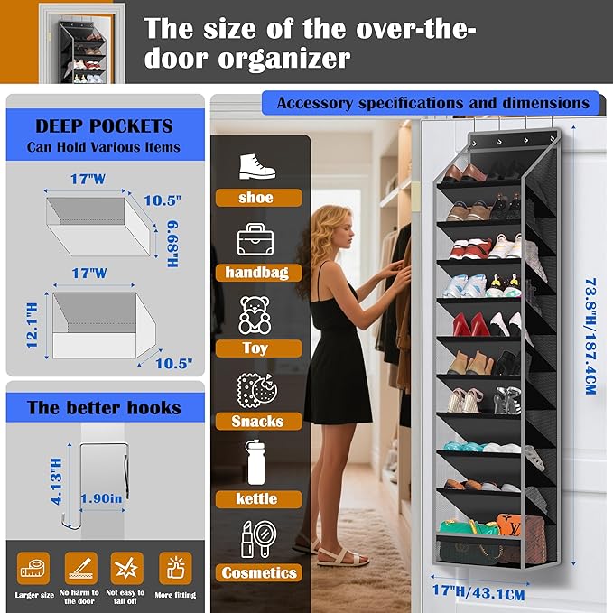 10 - Pocket Over - the - Door Hanging Shoe Organizers & Rack, Made of Sturdy 600D Oxford + Non - Woven Fabric, Space - Saving Storage for Shoes, Boots & More (Black)-NeatNest