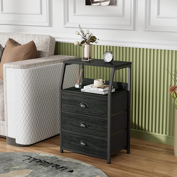 Furnulem Black Night Stand, Small Dresser for Bedroom, Nightstand with 3 Fabric Storage Drawers and 2-Tier Shelf, End Table Side Furniture for Closet, Hallway, Nursery, Sturdy Steel Frame, Wood Top-NeatNest