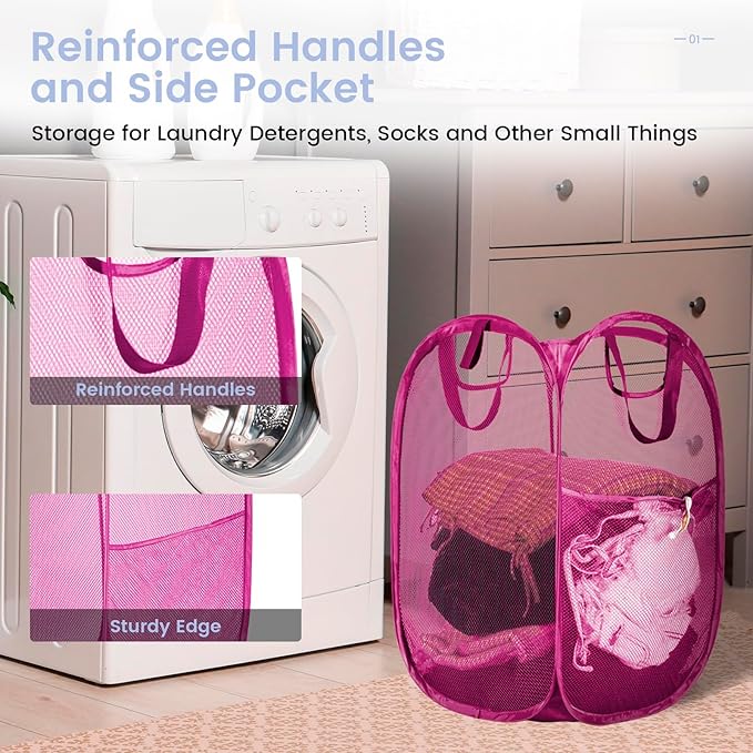 HOUSE AGAIN 2 Pcs Pop Up Laundry Hamper, Strong Mesh Laundry Baskets Collapsible, Hamper with Handles and Side Pocket, Portable Foldable Dirty Clothes for Dorm, Laundry room and Travel Storage, Grey-NeatNest