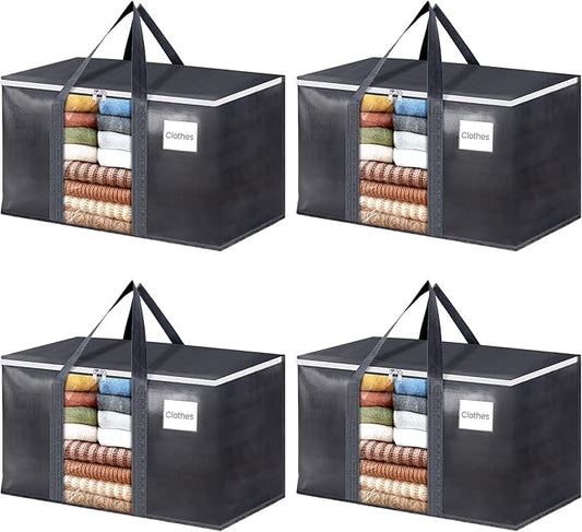 HomeHacks 4 Pack Extra Large Moving Bags with Visual PVC Window & Zippers, Storage Totes with Reinforced Handles, Heavy Duty Storage Bags for Packing, Moving, Storage (76L,Grey)