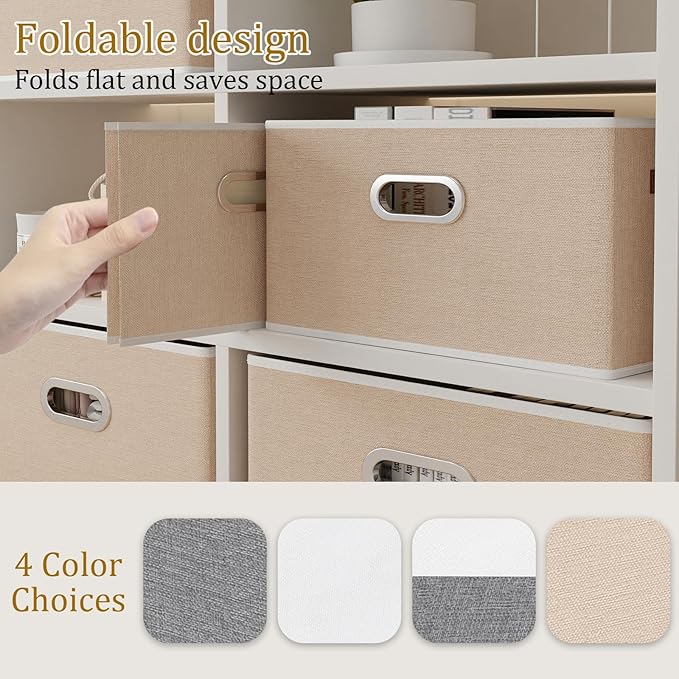 Yawinhe Collapsible Storage Box, Cube Storage Basket, Fabric Foldable Storage Bins Organizer Containers with Dual Leather Handles for Home Bedroom Closet Office,15.0 x 9.8 x 8.3 Inch, (Beige, 4-Pack)-NeatNest
