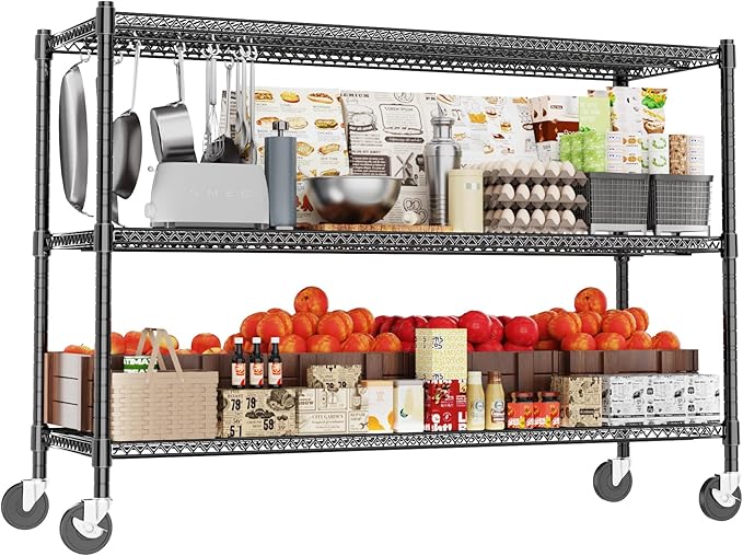 GIOTORENT 3-Tier Heavy Duty Storage Shelves with Wheels, 59.6" W x 24" D x 51.6" H, 1500LB Capacity Mobile Metal Shelving Unit, 1IN Adjustable Height for Garage & Warehouse, Black