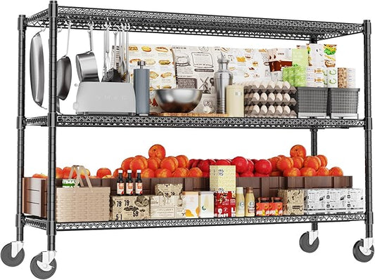 GIOTORENT 3-Tier Heavy Duty Storage Shelves with Wheels, 59.6" W x 24" D x 51.6" H, 1500LB Capacity Mobile Metal Shelving Unit, 1IN Adjustable Height for Garage & Warehouse, Black