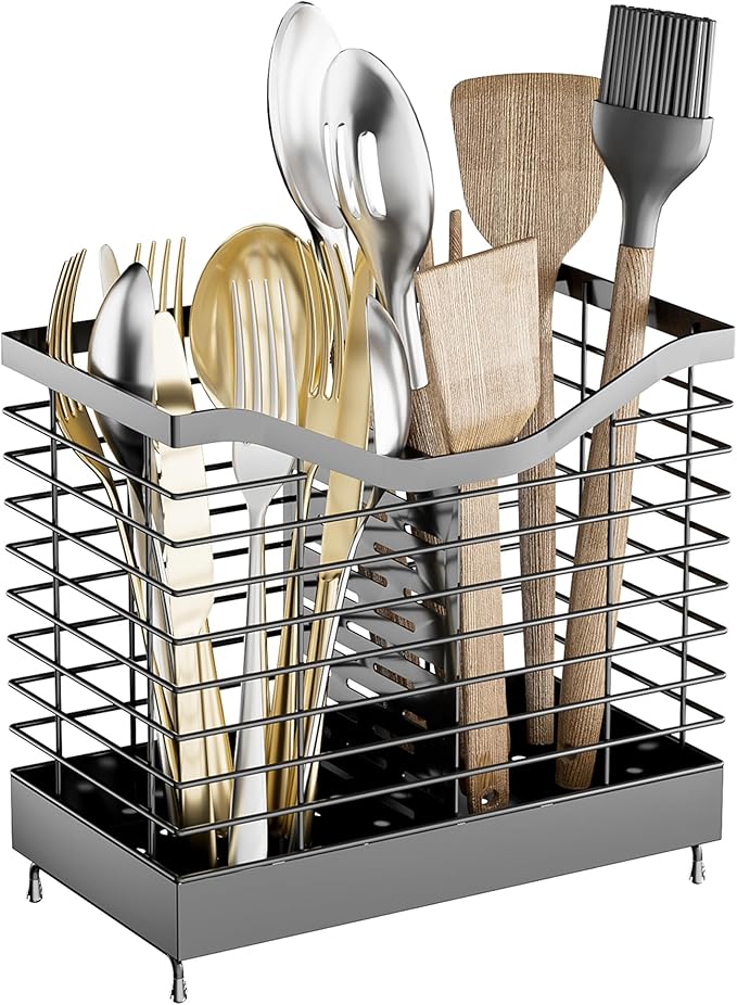 2 Grids Utensil Holder for Kitchen Counter - 7.9" x 4.3" x 7.5", Kitchen Utensil Racks, Spoon Holder, Kitchen Utensil Organizer for countertop, Black-NeatNest